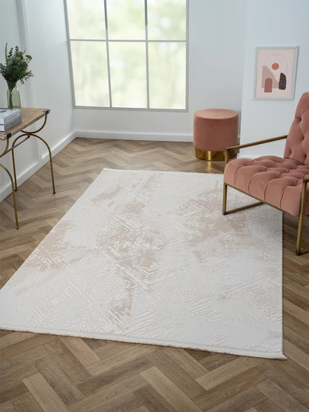 Kaftan Kf007b Bej Halı Geometrik Kabartma Desenli Akrilik Halı Tozuaz Salon Halısı Yatak Odası  Özel Ölçü KREM-BEJ - Resim 3