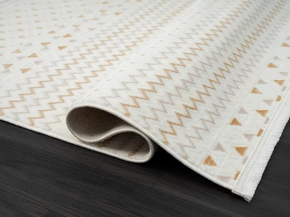 Lotus Plus 08582a Beyaz Halı Bej Kilim Desenli Modern Ince Akrilik Tozuaz Salon Halısı Yatak Odası Özel Ölçü BEYAZ - 4