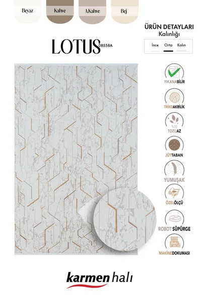 Lotus Plus 08581a Beyaz Halı Bej Abstract Detaylı Modern Ince Akrilik Tozuaz Salon Halısı Koridor Özel Ölçü BEYAZ - Resim 6