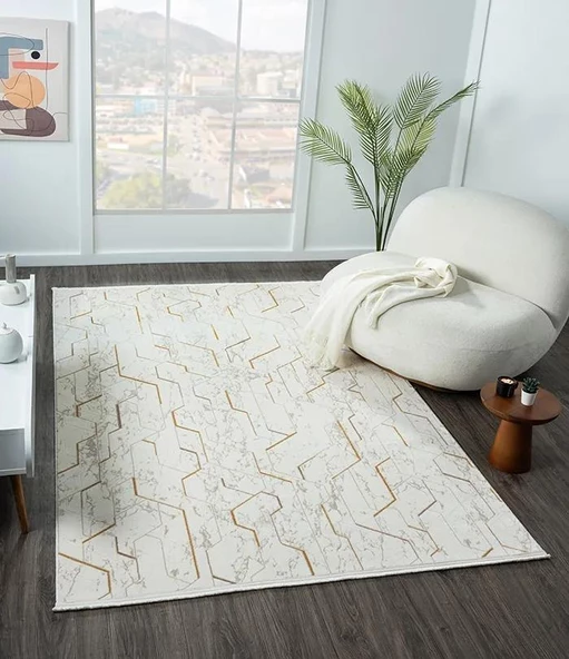 Lotus Plus 08581a Beyaz Halı Bej Abstract Detaylı Modern Ince Akrilik Tozuaz Salon Halısı Koridor Özel Ölçü BEYAZ - Resim 3