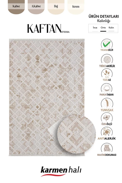 Kaftan Kf008a Bej Halı Kahverengi Detaylı Geometrik Kabartma Desenli Akrilik Halı Tozuaz Özel Ölçü KREM-BEJ - 6