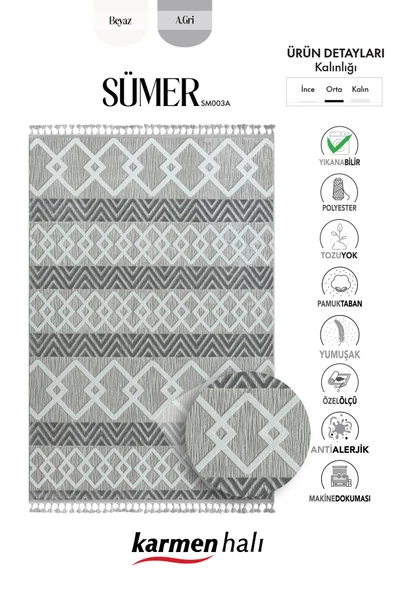 Sümer Sm003a Gri Halı Iskandinav Desen Dekoratif Modern Tozuyok Antialerjik Salon Halısı Koridor Özel Ölçü POLY.A.GRI - Resim 6