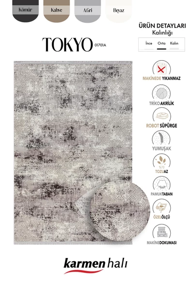 Tokyo 1701 Gri Halı Antrasit Detaylı Modern Klasik Desen Akrilik Halı Kaymaz Taban Tozuaz Salon Halı Özel Ölçü GRI - 6