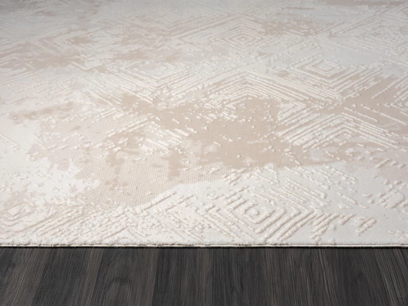 Kaftan Kf007b Bej Halı Geometrik Kabartma Desenli Akrilik Halı Tozuaz Salon Halısı Yatak Odası  Özel Ölçü KREM-BEJ - Resim 5