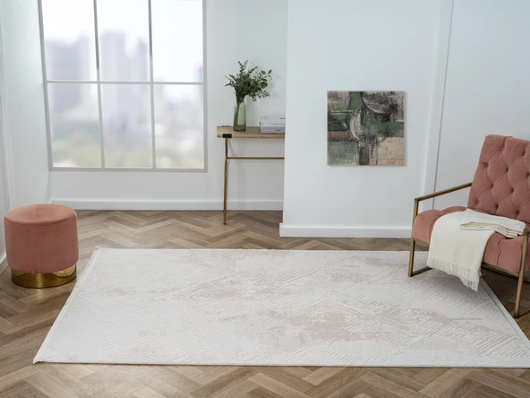 Kaftan Kf007b Bej Halı Geometrik Kabartma Desenli Akrilik Halı Tozuaz Salon Halısı Yatak Odası  Özel Ölçü KREM-BEJ - Resim 2