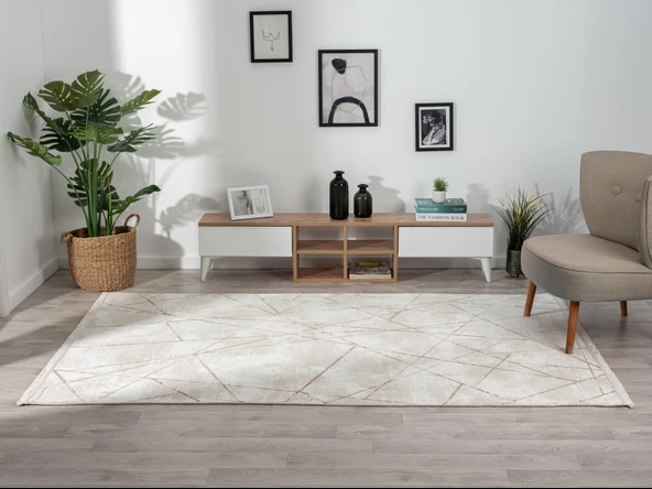 Tokyo 1753 Bej Halı Kahverengi Detaylı Geometrik Desen Modern Akrilik Halı Kaymaz Taban Tozuaz Özel Ölçü BEJ-KAHVE - Resim 2