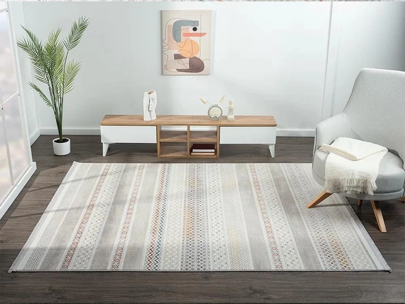 Lotus 8571 Gri Halı Renkli Kilim Desenli Modern İnce Akrilik Tozuaz Salon Oturma Odası Halısı Özel Ölçü RENKLI - Resim 2