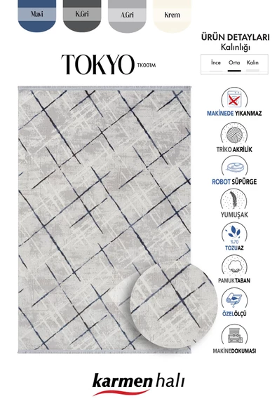 Tokyo Tk001m Gri Halı Lacivert Detaylı Modern Akrilik Halı Kaymaz Taban Tozuaz Salon Halısı Koridor Özel Ölçü GRI-MAVI - 6