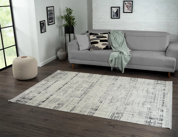 Best 107 Beyaz Halı Siyah Detaylı İnce Parlak Makinada Yıkanabilir Antialerjik Modern Salon Halısı Özel Ölçü BEYAZ-GRI - 3