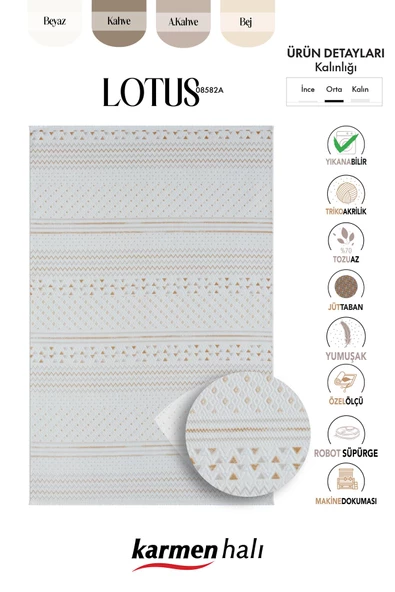 Lotus Plus 08582a Beyaz Halı Bej Kilim Desenli Modern Ince Akrilik Tozuaz Salon Halısı Yatak Odası Özel Ölçü BEYAZ - 6