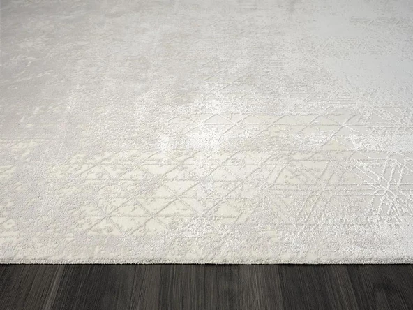 Elegance Eg014a Beyaz Halı Sedef Geometrik Detaylı Modern Viskon Doğal Iplik Bambu Halı Tozu Az Özel Ölçü GRI-BEYAZ - Resim 5