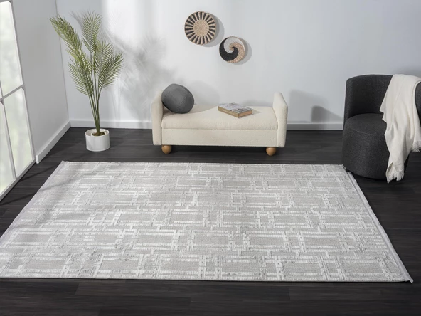 Sümer Sm007a Gri Halı Geometrik Desen Dekoratif Modern Tozuyok Antialerjik Salon Yatak Odası Koridor Özel Ölçü POLY. KEMIK - Resim 2