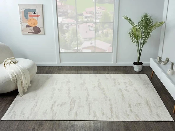 Lotus Plus 08583a Beyaz Halı Bej Detaylı Ince Akrilik Tozuaz Salon Halısı Yatak Odası Halısı Koridor Özel Ölçü BEYAZ - 2