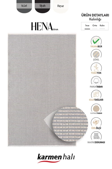 Hena HN004A Krem Şönil Kilim Gri Detaylı İnce Yumuşak Tozsuz Kaymaz Taban Makinada Yıkanabilir Halı Özel Ölçü GRİ - 2