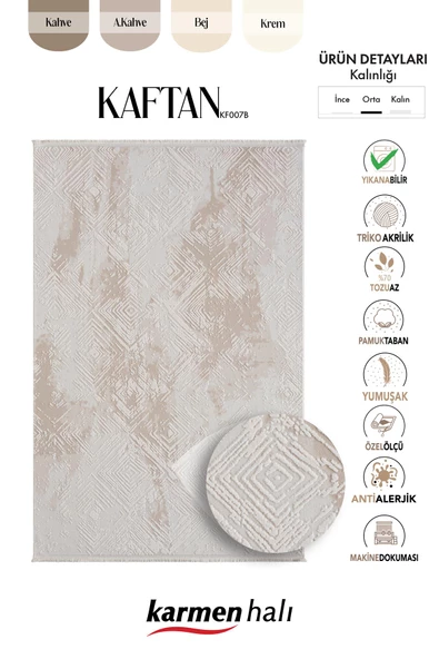 Kaftan Kf007b Bej Halı Geometrik Kabartma Desenli Akrilik Halı Tozuaz Salon Halısı Yatak Odası  Özel Ölçü KREM-BEJ - Resim 6