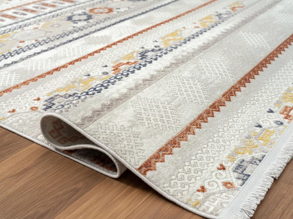 Lotus 8565 Gri Halı Renkli Kilim Desenli Modern Ince Akrilik Tozuaz Salon Halısı Yatak Odası Koridor Özel Ölçü RENKLI - 4
