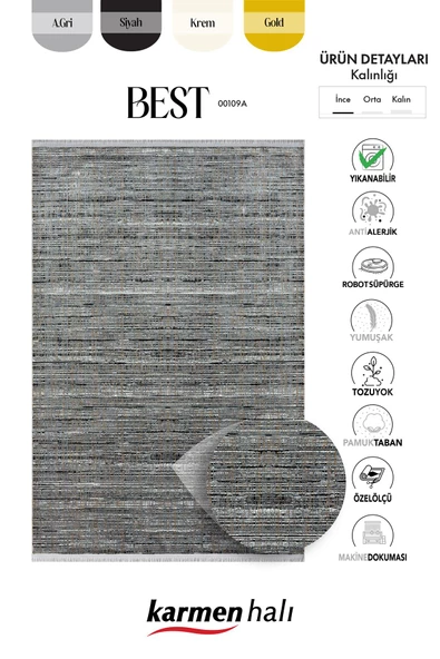 Best 109 Siyah Halı Beyaz Detaylı Ince Parlak Makinada Yıkanabilir Antialerjik Modern Salon Halısı Özel Ölçü SIYAH - 6