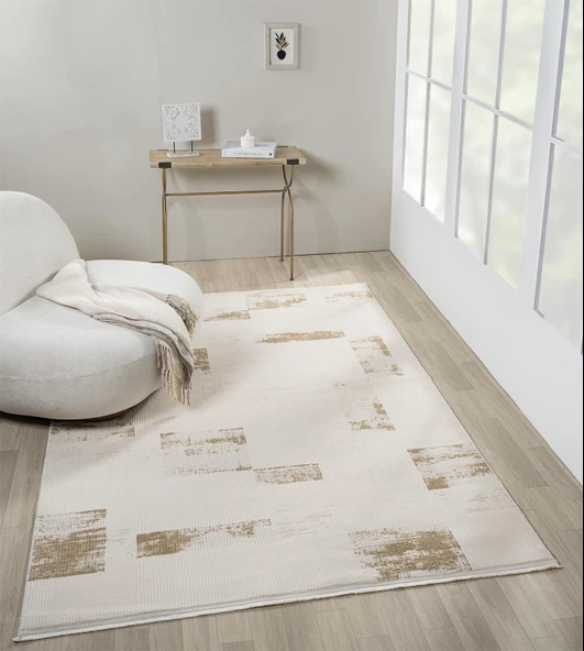 Truva Tv035s Krem Rengi Halı Gold Geometrik Detaylı Akrilik Yumuşak Modern Salon Halısı Özel Ölçü KREM-GOLD - Resim 3