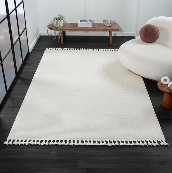 Wool Wl005a Beyaz Halı Sisal Bukle Dekoratif Tozsuz Antialerjik Salon Halısı Yatak Odası Koridor Özel Ölçü BEYAZ - Resim 3