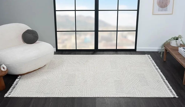 Wool Wl008a Bej Halı Sisal Bukle Dekoratif Kabartmalı Halı Tozsuz Antialerjik Salon Halısı Koridor Özel Ölçü VIZON- BEYAZ - Resim 2