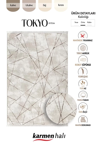 Tokyo 1753 Bej Halı Kahverengi Detaylı Geometrik Desen Modern Akrilik Halı Kaymaz Taban Tozuaz Özel Ölçü BEJ-KAHVE - Resim 5