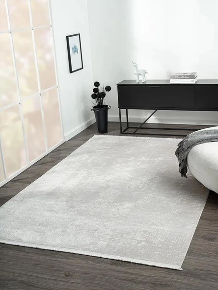 Elegance Eg014a Beyaz Halı Sedef Geometrik Detaylı Modern Viskon Doğal Iplik Bambu Halı Tozu Az Özel Ölçü GRI-BEYAZ - Resim 3