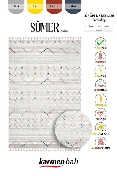 Sümer Sm012a Krem Rengi Halı Renkli Kilim Desenli Dekoratif Modern Antialerjik Salon Halısı Özel Ölçü RENKLI - Resim 6