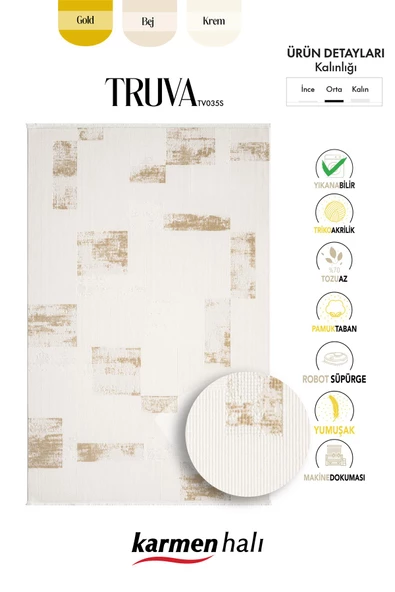 Truva Tv035s Krem Rengi Halı Gold Geometrik Detaylı Akrilik Yumuşak Modern Salon Halısı Özel Ölçü KREM-GOLD - Resim 6
