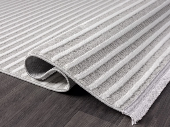 Sümer Sm008a Gri Beyaz Çizgi Desen Halı Dekoratif Modern Tozuyok Antialerjik Salon Halısı Koridor Özel Ölçü POLY. KEMIK - Resim 4