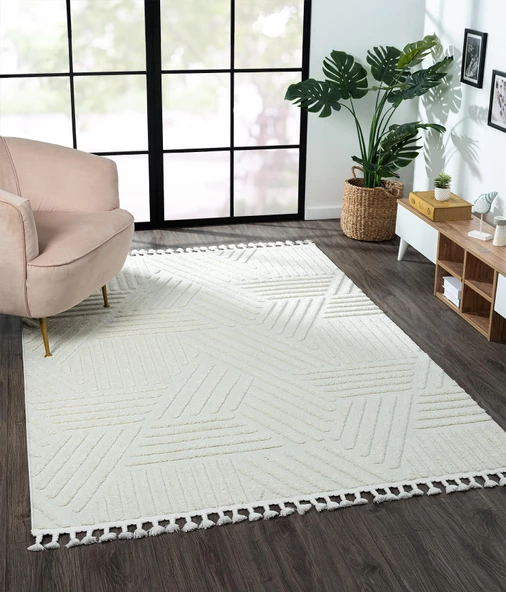 Loop Lp001a Beyaz Halı Dekoratif Sisal Bukle Tozsuz Antialerjik Salon Halısı Yatak Odası Koridor Özel Ölçü BEYAZ - Resim 2