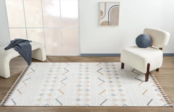 Sümer Sm012a Krem Rengi Halı Renkli Kilim Desenli Dekoratif Modern Antialerjik Salon Halısı Özel Ölçü RENKLI - Resim 2