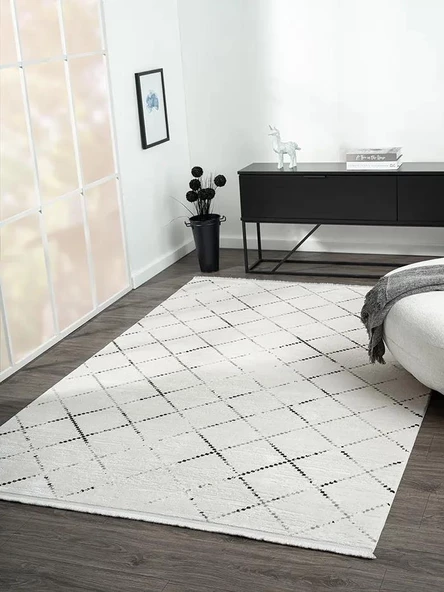 Elegance Eg010a Beyaz Halı Geometrik Detaylı Modern Viskon Doğal Iplik Bambu Halı Tozu Az Salon Halı Özel Ölçü GRI - 3