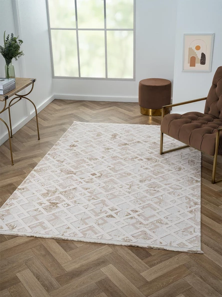 Kaftan Kf008a Bej Halı Kahverengi Detaylı Geometrik Kabartma Desenli Akrilik Halı Tozuaz Özel Ölçü KREM-BEJ - 3
