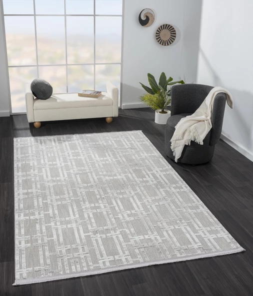 Sümer Sm007a Gri Halı Geometrik Desen Dekoratif Modern Tozuyok Antialerjik Salon Yatak Odası Koridor Özel Ölçü POLY. KEMIK - Resim 3