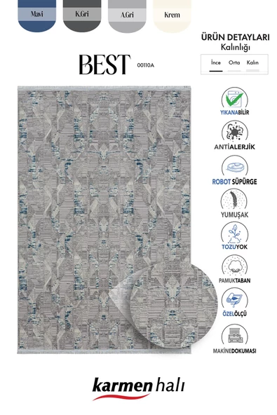 Best 110 Gri Halı Spor Desen Lacivert Detaylı Ince Parlak Makinada Yıkanabilir Antialerjik Modern Özel Ölçü GRI-MAVI - 6