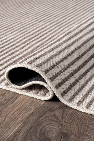 Hena HN003A Beyaz Şönil Kilim Bej Detaylı İnce Yumuşak Tozsuz Kaymaz Taban Makinada Yıkanabilir Halı Özel Ölçü BEJ - 3