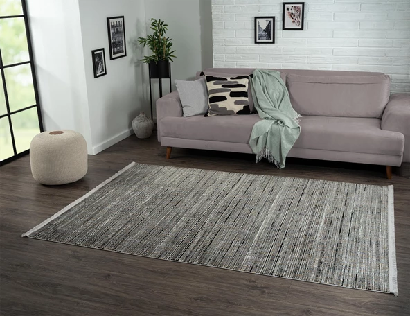 Best 109 Siyah Halı Beyaz Detaylı Ince Parlak Makinada Yıkanabilir Antialerjik Modern Salon Halısı Özel Ölçü SIYAH - 3