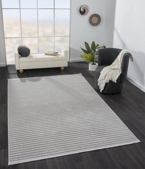 Sümer Sm008g Gri Antrasit Çizgi Desen Halı Dekoratif Modern Tozuyok Antialerjik Salon Halısı Koridor Özel Ölçü POLY. KEMIK - Resim 3