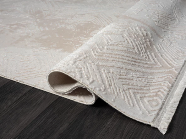 Kaftan Kf007b Bej Halı Geometrik Kabartma Desenli Akrilik Halı Tozuaz Salon Halısı Yatak Odası  Özel Ölçü KREM-BEJ - Resim 4