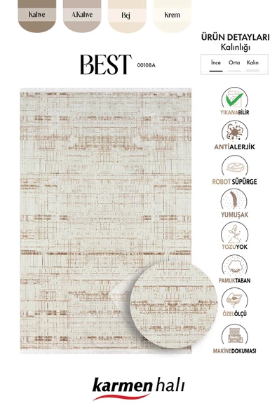 Best 108 Bej Halı Vizon Detaylı Ince Parlak Makinada Yıkanabilir Antialerjik Modern Salon Halısı Özel Ölçü VIZON-BEYAZ - Resim 5