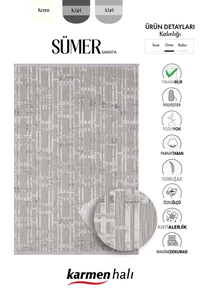 Sümer Sm007a Gri Halı Geometrik Desen Dekoratif Modern Tozuyok Antialerjik Salon Yatak Odası Koridor Özel Ölçü POLY. KEMIK - Resim 6