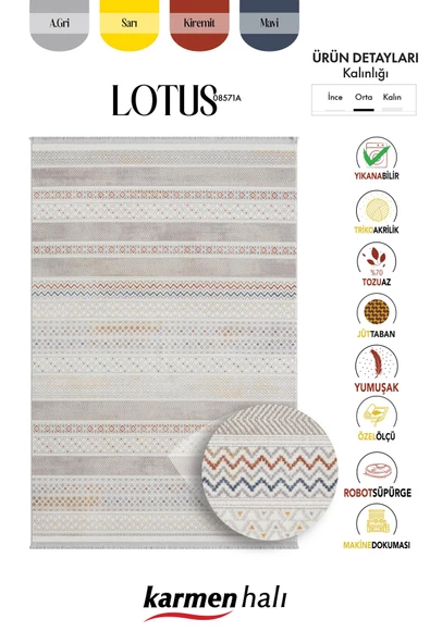 Lotus 8571 Gri Halı Renkli Kilim Desenli Modern İnce Akrilik Tozuaz Salon Oturma Odası Halısı Özel Ölçü RENKLI - Resim 6