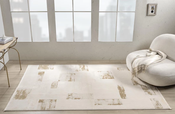 Truva Tv035s Krem Rengi Halı Gold Geometrik Detaylı Akrilik Yumuşak Modern Salon Halısı Özel Ölçü KREM-GOLD - Resim 2