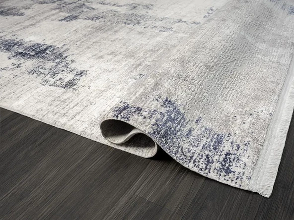 Elegance Eg013a Gri Halı Lacivert Detaylı Modern Viskon Doğal Iplik Bambu Halı Tozu Az Salon Halısı Özel Ölçü GRI-MAVI - 4