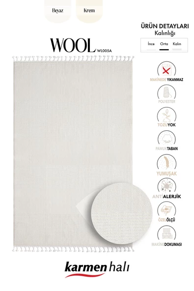 Wool Wl005a Beyaz Halı Sisal Bukle Dekoratif Tozsuz Antialerjik Salon Halısı Yatak Odası Koridor Özel Ölçü BEYAZ - Resim 6