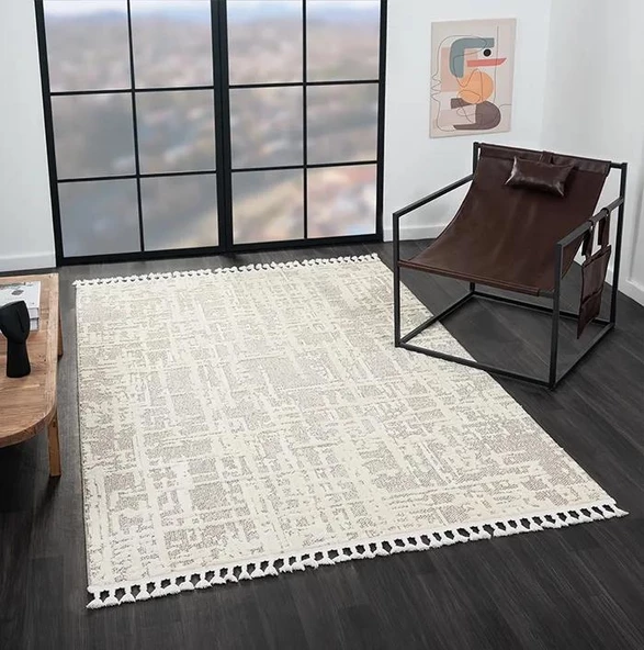 Wool Wl007a Bej Halı Sisal Bukle Dekoratif Kabartmalı Halı Tozsuz Antialerjik Salon Halısı Koridor Özel Ölçü VIZON-BEYAZ - Resim 3