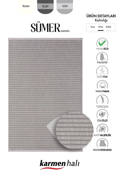 Sümer Sm008g Gri Antrasit Çizgi Desen Halı Dekoratif Modern Tozuyok Antialerjik Salon Halısı Koridor Özel Ölçü POLY. KEMIK - Resim 6