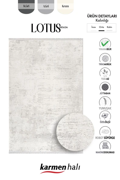 Lotus 8563 Açık Gri Halı Gri Detaylı Modern Ince Akrilik Tozuaz Salon Halısı Yatak Odası Koridor Özel Ölçü GRI - Resim 6