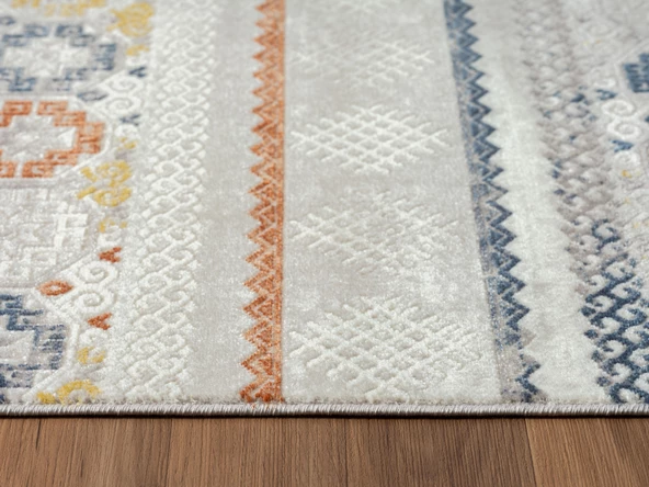 Lotus 8565 Gri Halı Renkli Kilim Desenli Modern Ince Akrilik Tozuaz Salon Halısı Yatak Odası Koridor Özel Ölçü RENKLI - 5