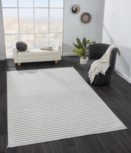 Sümer Sm008a Gri Beyaz Çizgi Desen Halı Dekoratif Modern Tozuyok Antialerjik Salon Halısı Koridor Özel Ölçü POLY. KEMIK - Resim 3